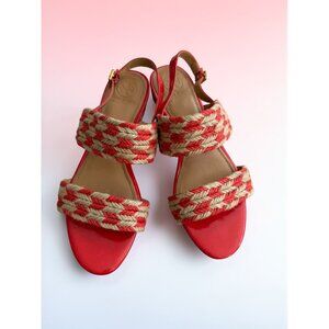 TORY BURCH Red Beige Woven Wedge Sandals Size 8